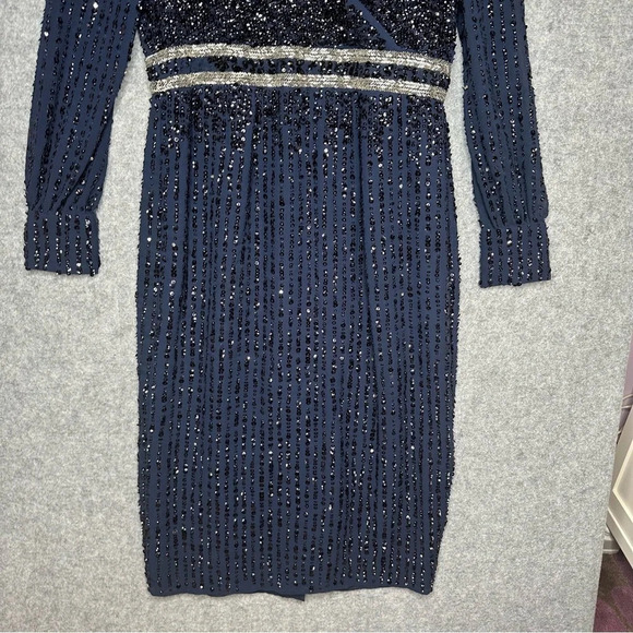 Mac Duggal Sequin Long Sleeve Midi Cocktail Dress in Midnight Blue. Sz: 14 - Picture 11 of 16